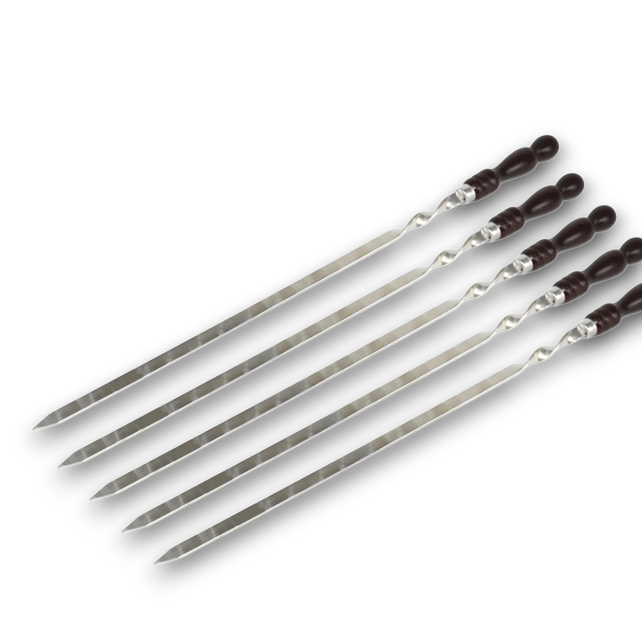 Asia Trade stainless steel barbecue skewers with dark wooden handles, 58cm long, set of five for grilling.
