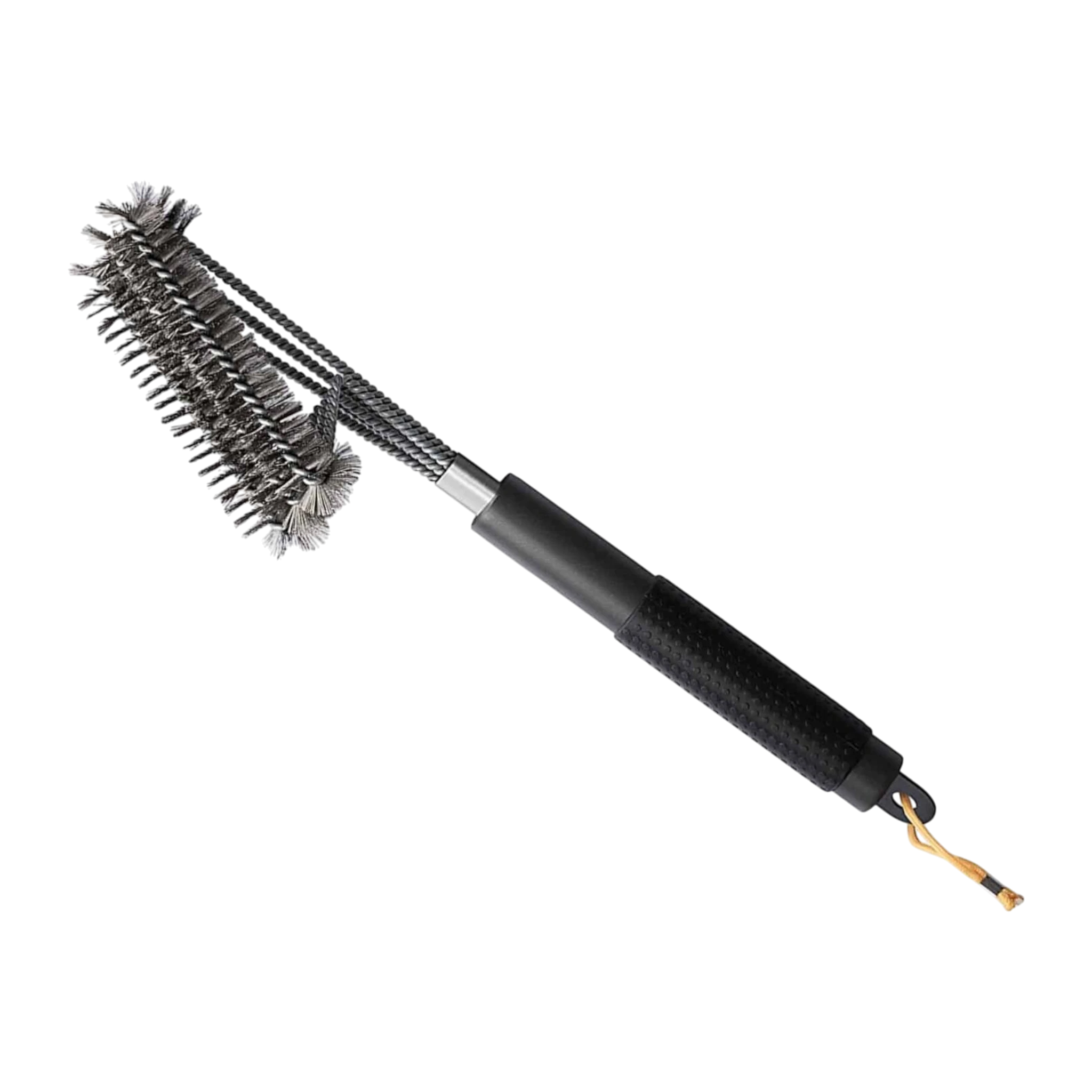 Asia Trade grill cleaning brush with a three-sided stainless steel wire head and a comfortable black ergonomic handle.