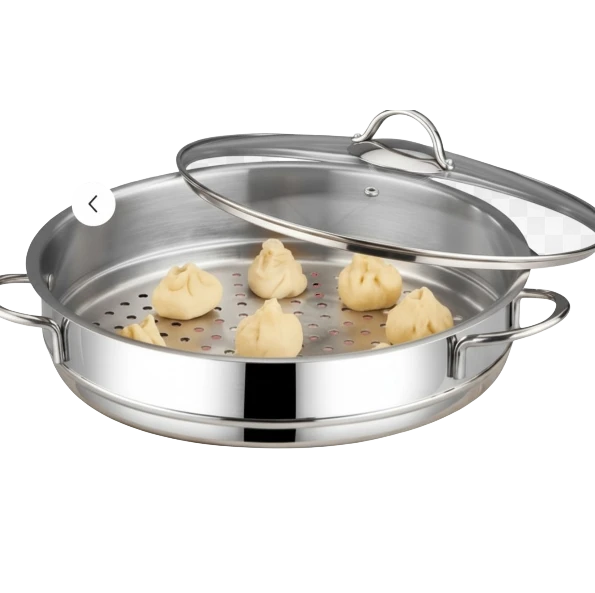 Asia Trade 26cm stainless steel steamer pot with glass lid and manti dumplings inside for induction cooktops