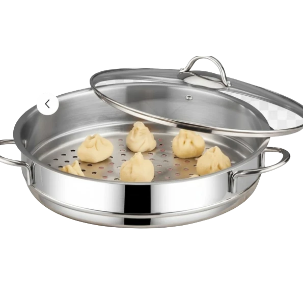 Asia Trade 30cm stainless steel steamer pot with glass lid and manti dumplings inside