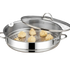 Asia Trade 30cm stainless steel steamer pot with glass lid and manti dumplings inside