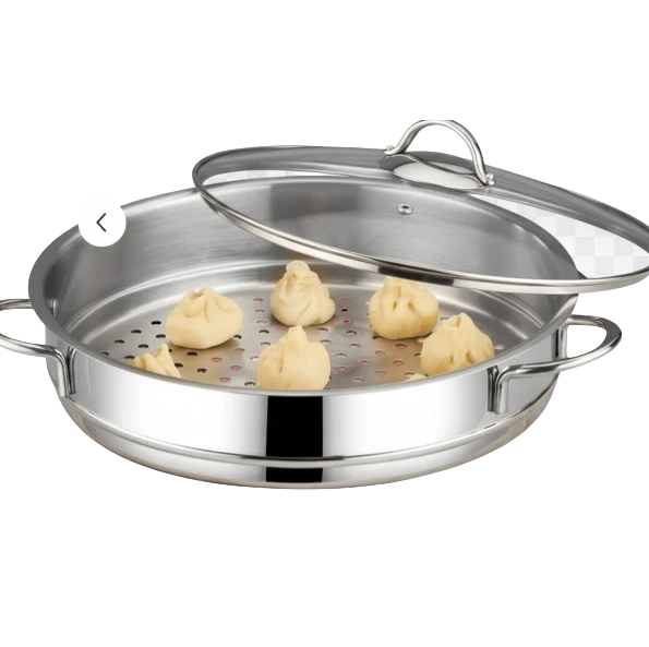 Asia Trade 28cm stainless steel steamer pot with glass lid and perforated tray containing steamed manti dumplings
