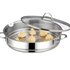 Asia Trade 28cm stainless steel steamer pot with glass lid and perforated tray containing steamed manti dumplings