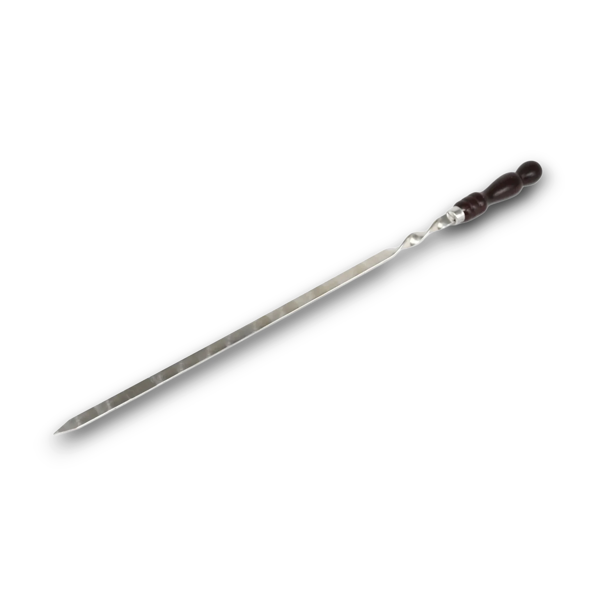 Asia Trade stainless steel skewer with a dark wood handle, 58 cm long, ideal for barbecue grilling.