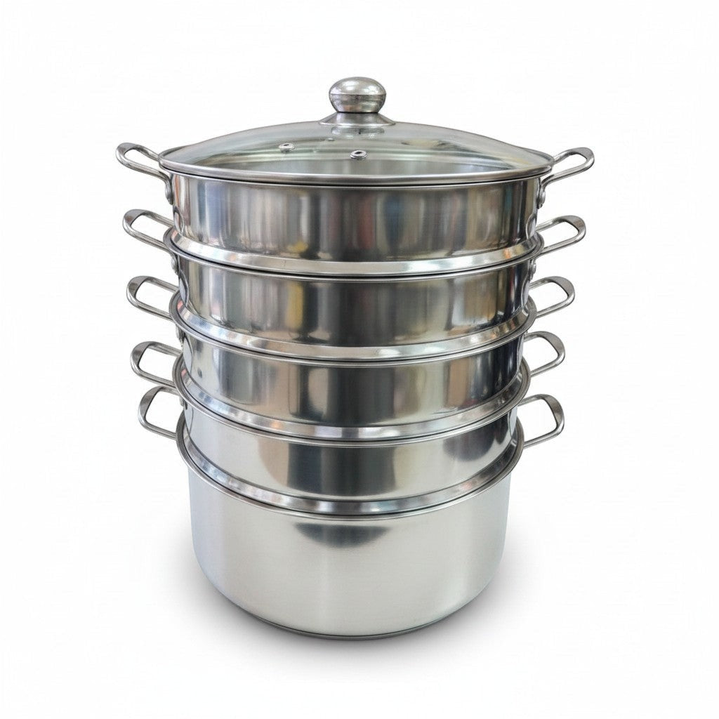 Asia Trade 38cm stainless steel 5-tier steamer pot with glass lid for induction cooktops