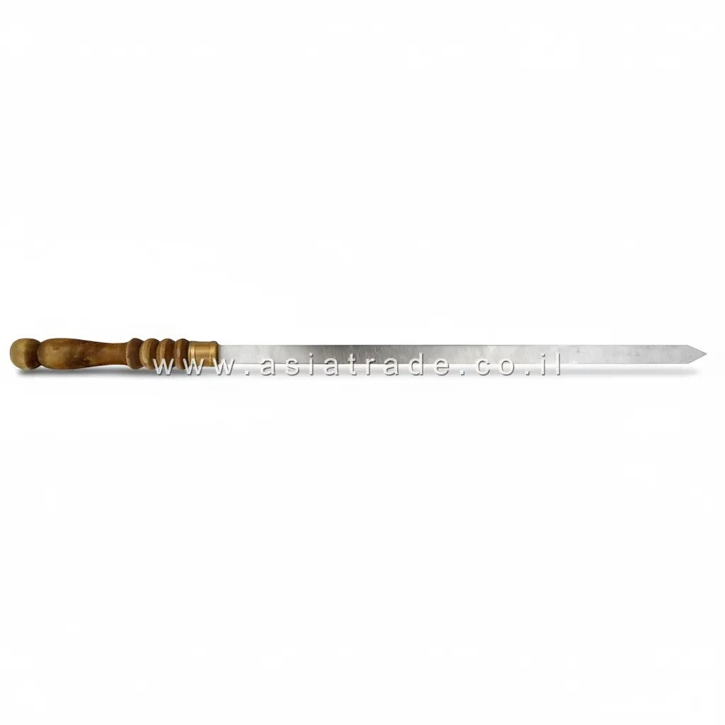 Asia Trade 66cm stainless steel barbecue skewer with a carved wooden handle for grilling meat and vegetables