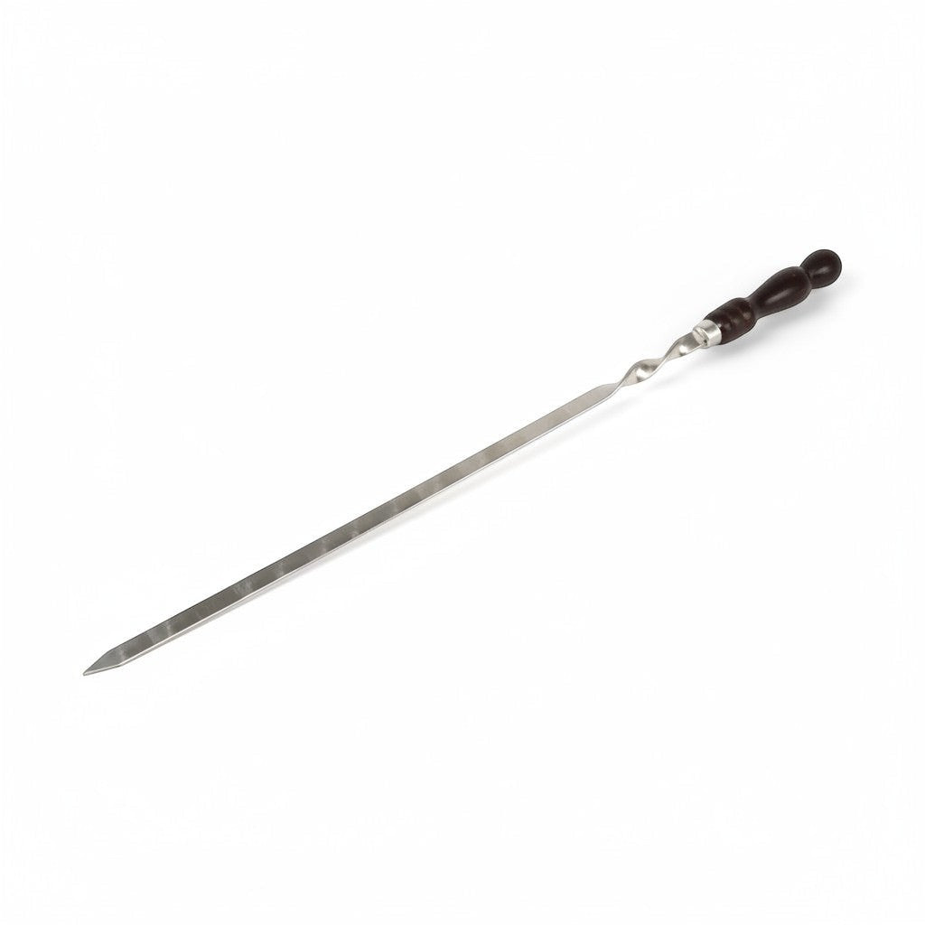 Asia Trade 58cm stainless steel barbecue skewer with a dark wooden handle for grilling meat and vegetables