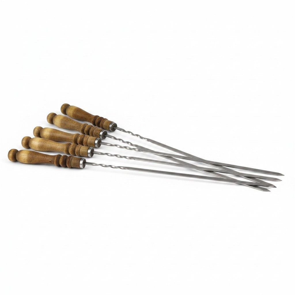 Asia Trade stainless steel skewers with wooden handles, 66cm long, set of five for barbecue grilling.