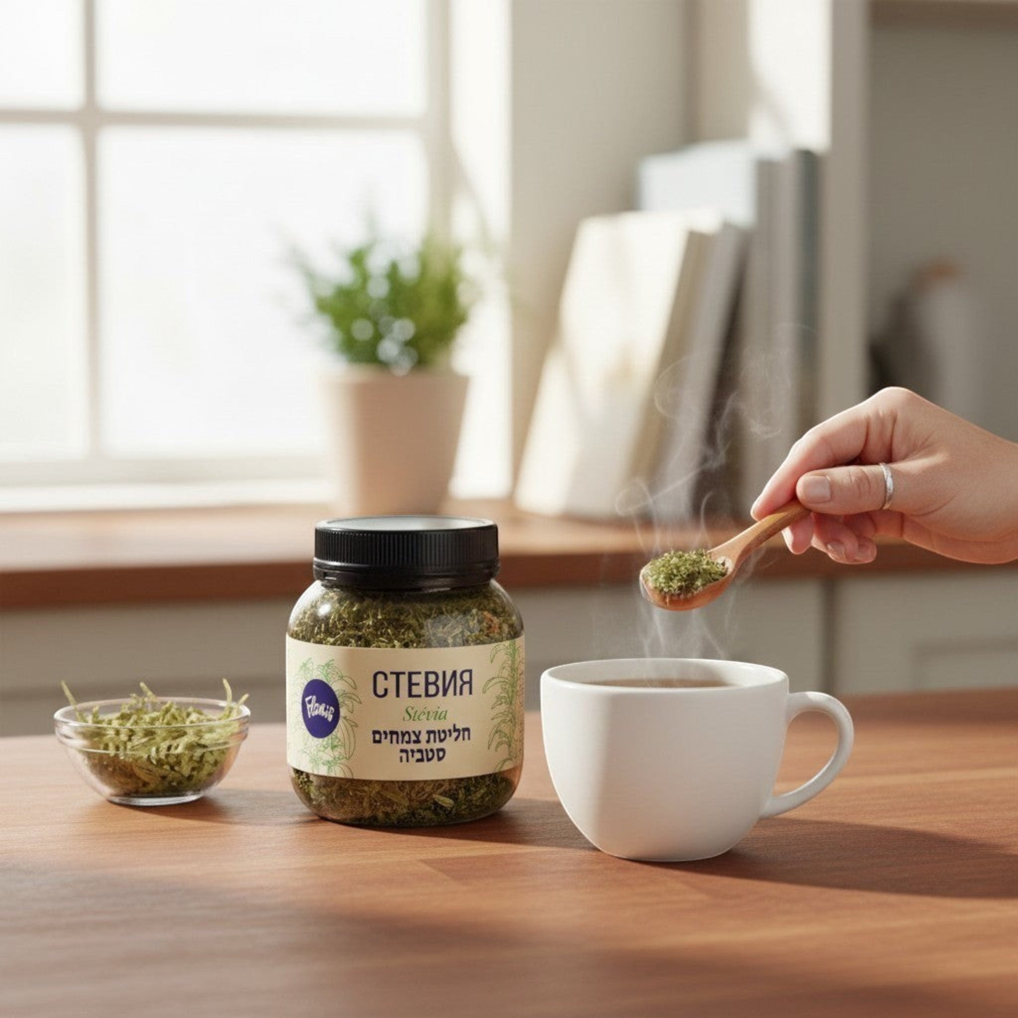Asia Trade stevia herbal tea leaves in a glass jar with a wooden spoon and a steaming cup on a wooden table