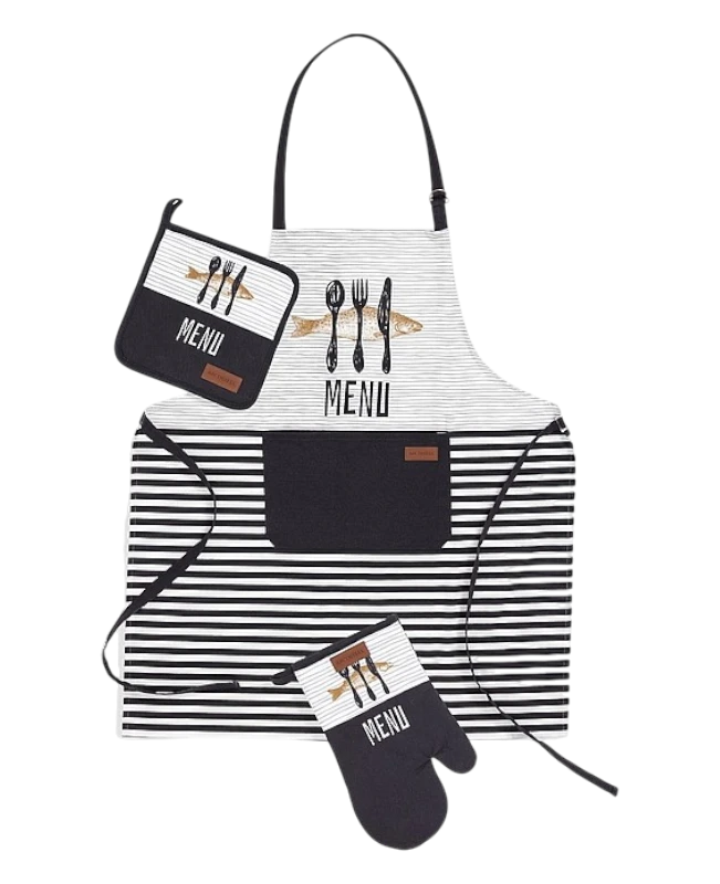 Asia Trade 3-piece kitchen set including a striped apron, oven mitt, and pot holder with fish and cutlery print.