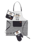 Asia Trade 3-piece kitchen set including a striped apron, oven mitt, and pot holder with fish and cutlery print.