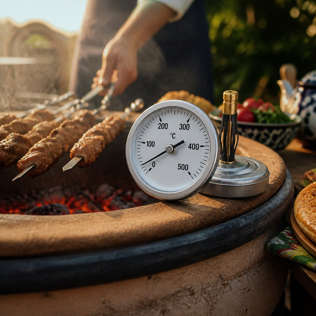 Asia Trade tandoor oven thermometer with a stainless steel dial measuring up to 500 degrees Celsius on a clay oven