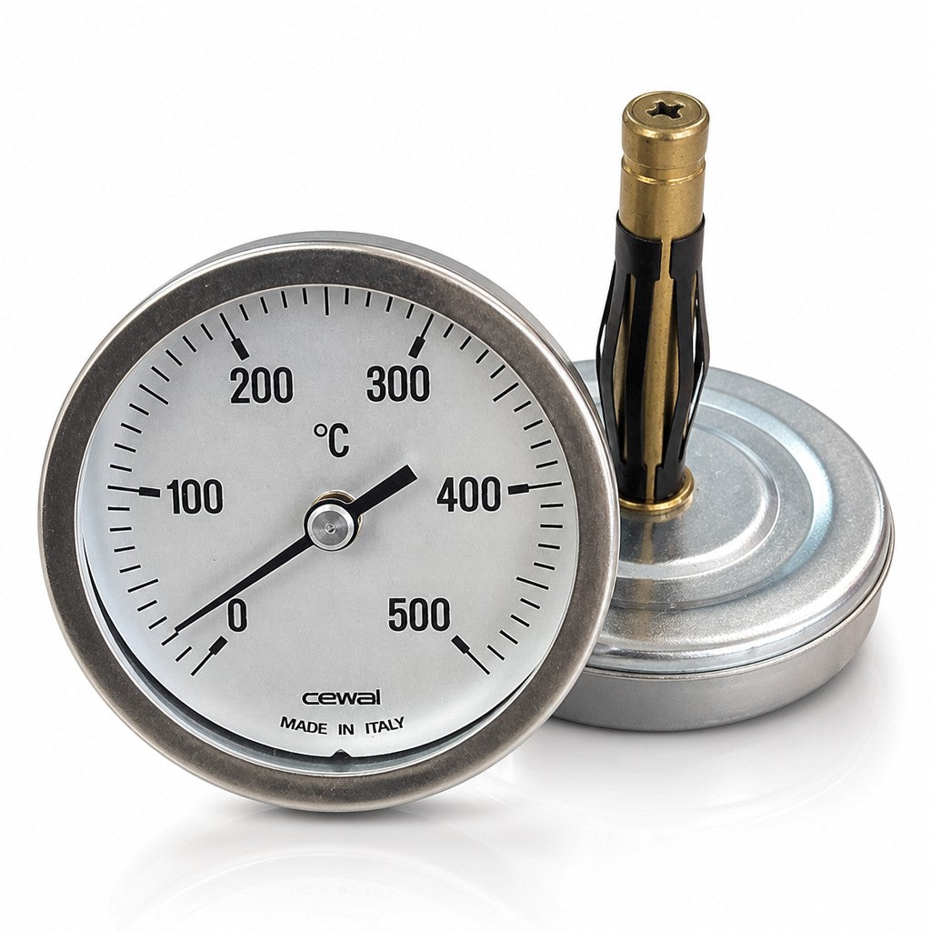 Asia Trade stainless steel tandoor oven thermometer with a white dial measuring up to 500 degrees Celsius
