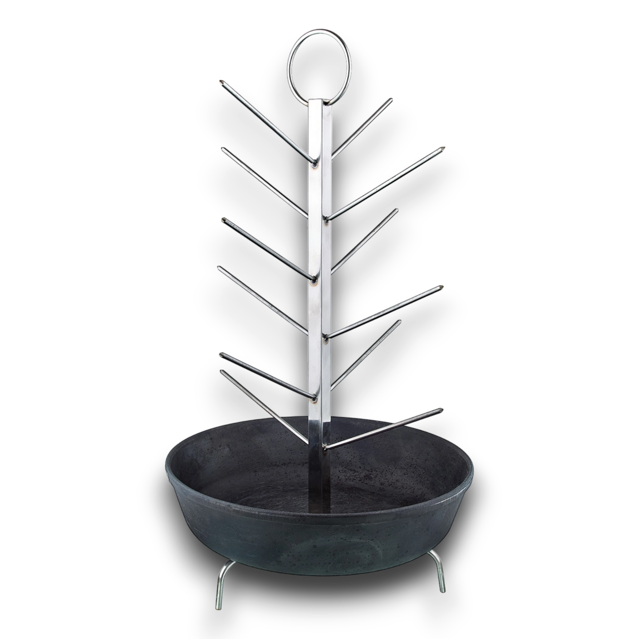 Asia Trade tandoor skewer rack with integrated cast iron drip pan for even roasting of meat and vegetables