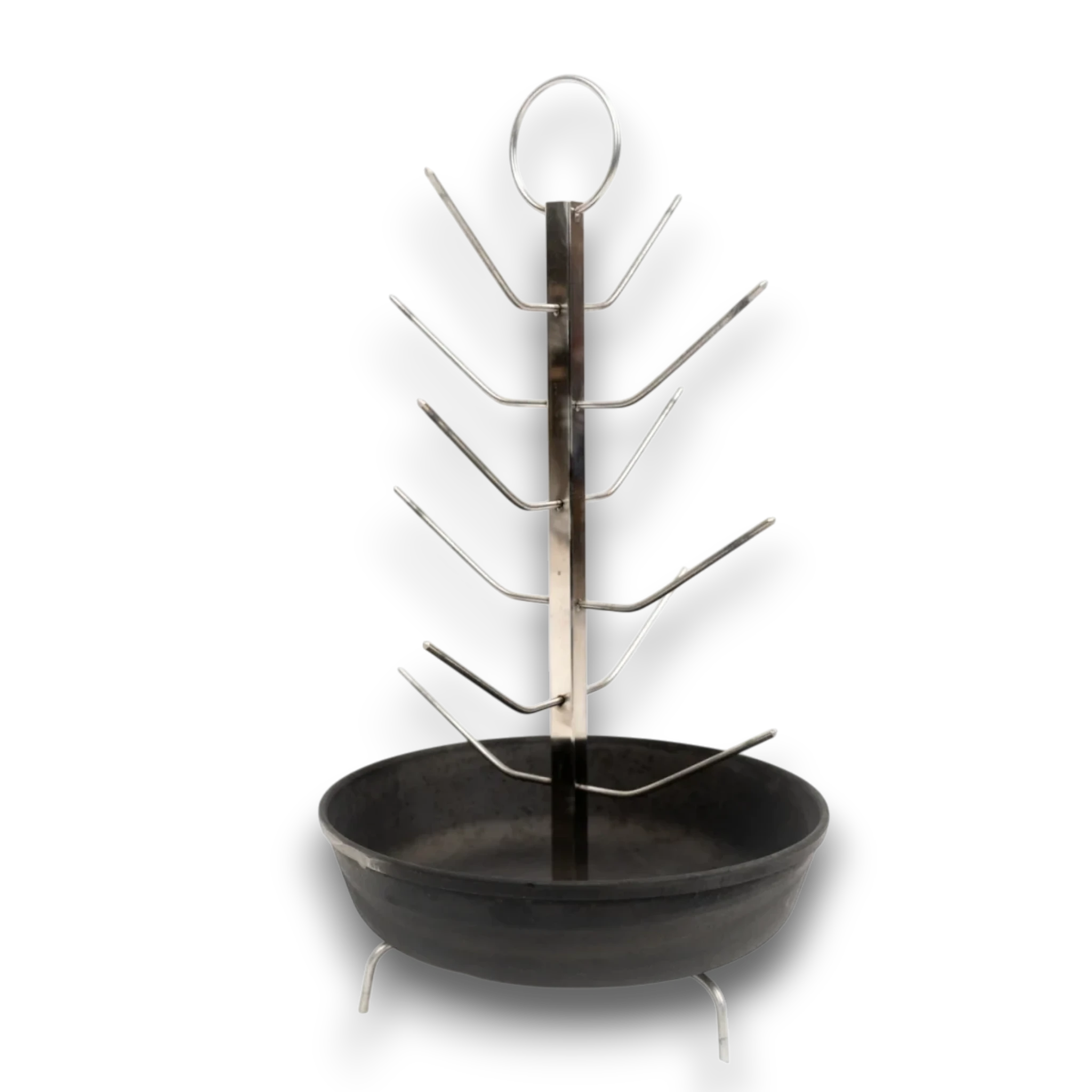 Asia Trade 26cm stainless steel tandoor skewer rack with integrated cast iron drip pan for vertical grilling