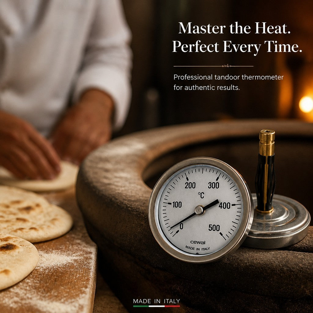 Asia Trade professional tandoor thermometer with a stainless steel dial measuring up to 500 degrees Celsius