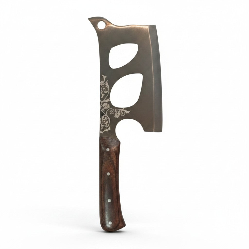Asia Trade traditional butcher cleaver with a dark wooden handle and ornate floral engraving on the steel blade