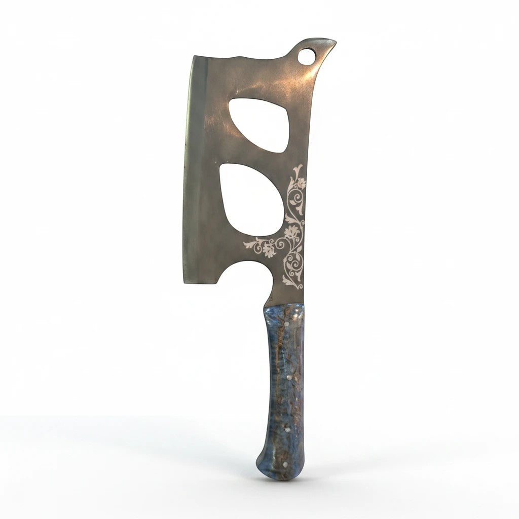 Asia Trade traditional butcher cleaver with a patterned steel blade and a blue marbled wooden handle