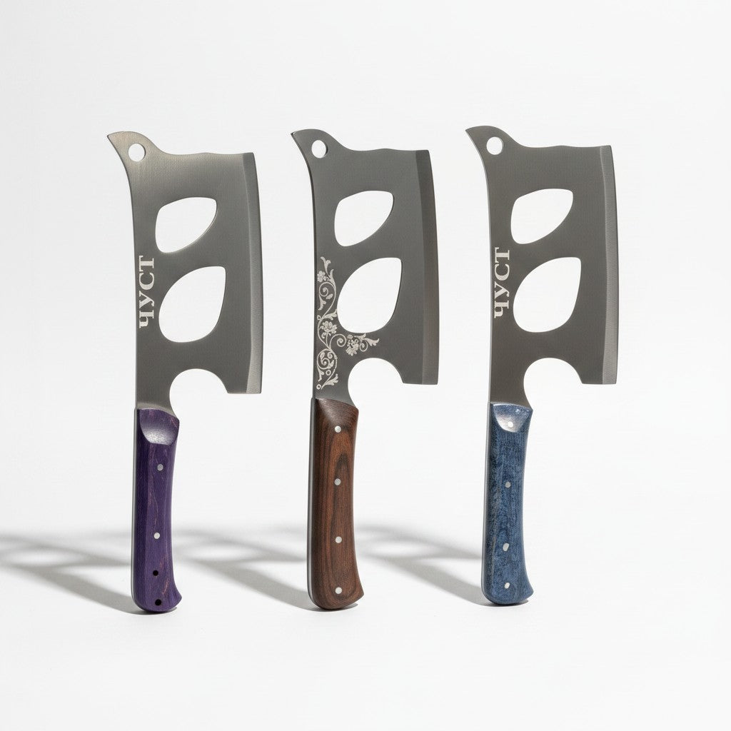 Asia Trade traditional butcher cleavers with stainless steel blades and purple, brown, and blue wooden handles
