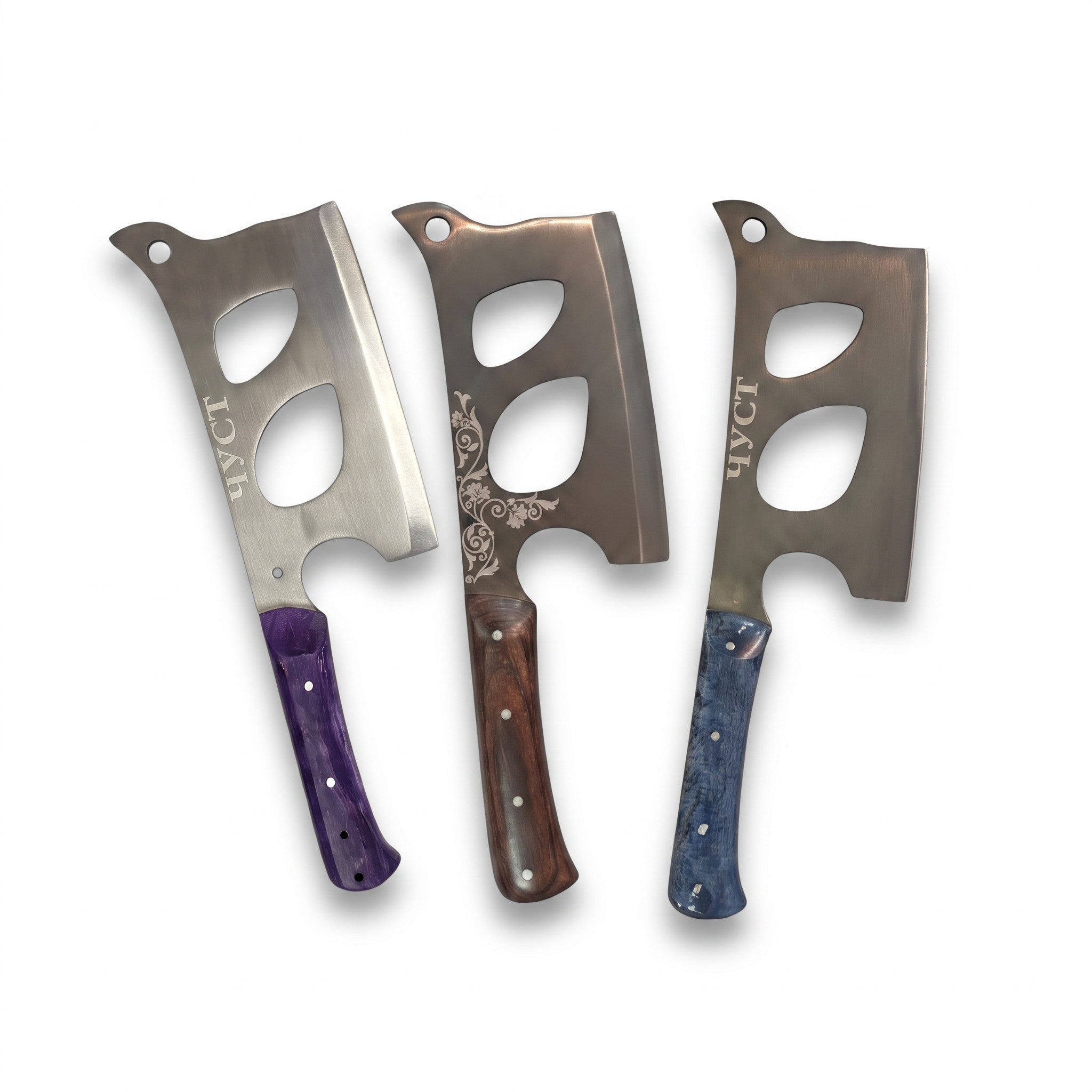 Asia Trade set of three traditional butcher cleavers with decorative wooden handles and cutout blades