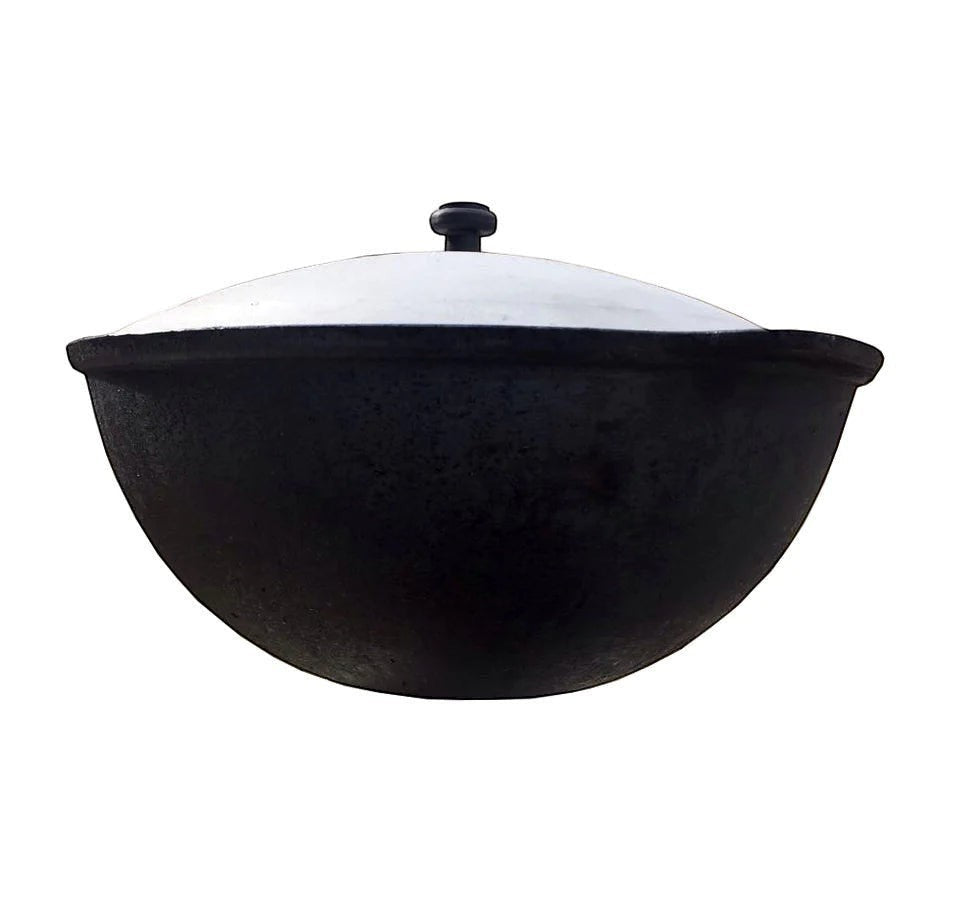 Asia Trade 22-liter Uzbek cast iron kazan pot with a lid for outdoor cooking