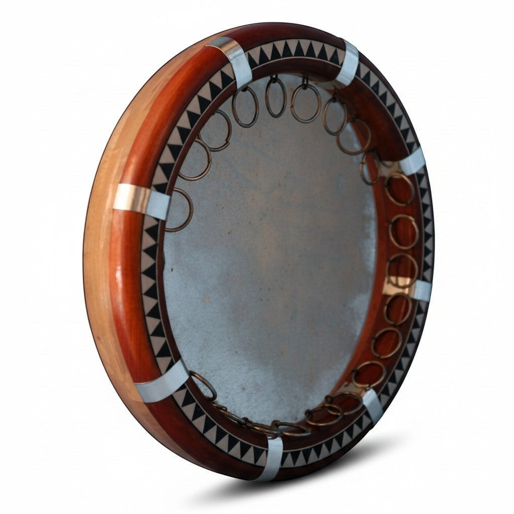 Asia Trade 22cm professional Uzbek doira frame drum with wooden rim, metal rings, and traditional geometric patterns.