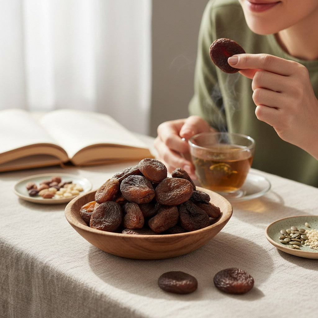 Asia Trade natural Uzbek dried apricots with pits in a wooden bowl on a table with tea and nuts