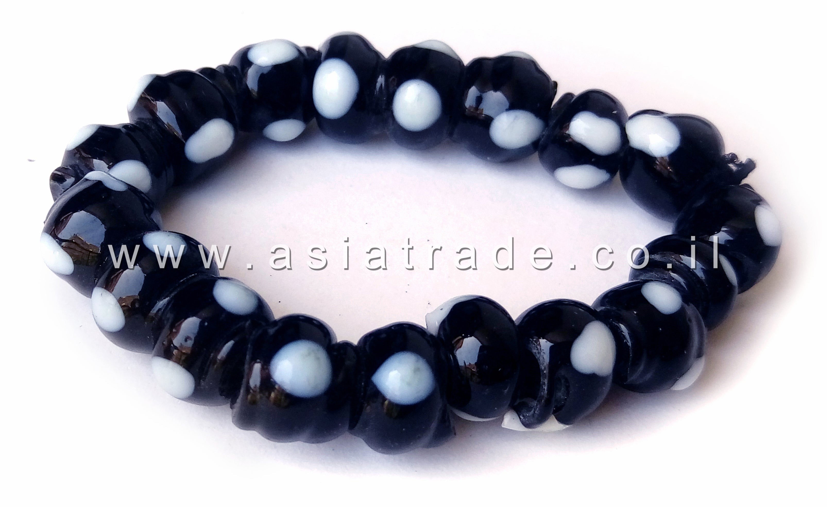 Asia Trade authentic Uzbek traditional bracelet made of black glass beads with white circular patterns