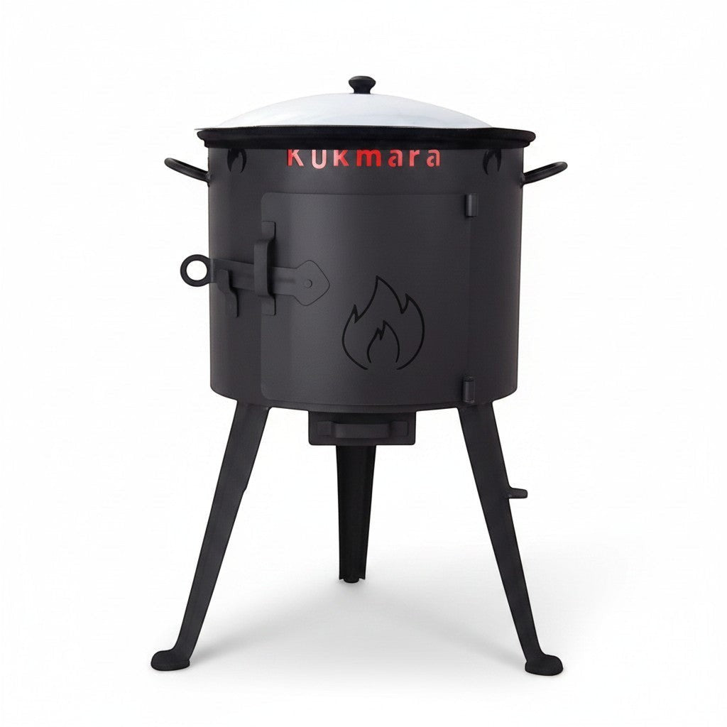 Asia Trade 16-liter cast iron Uzbek kazan set with a black metal outdoor stove and lid on a white background