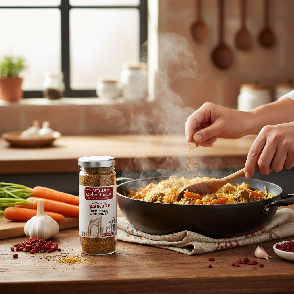 Asia Trade Uzbek plov spice blend in a glass jar next to a steaming pan of traditional rice pilaf with carrots