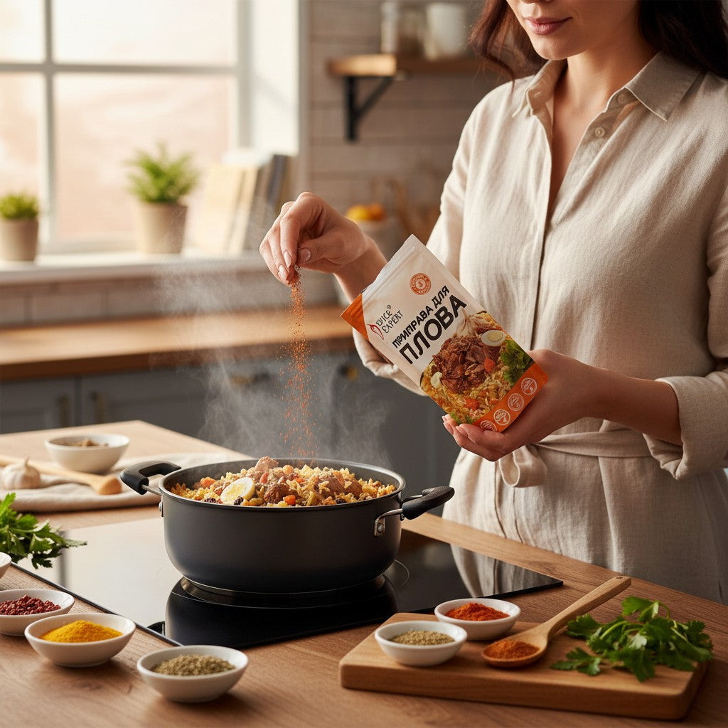 Asia Trade Uzbek plov spice blend being sprinkled into a steaming pot of traditional rice and meat dish in a kitchen