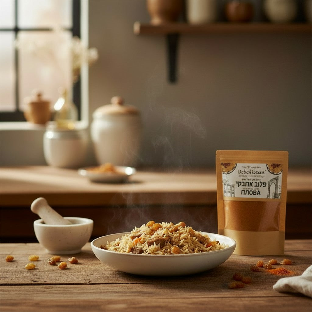 Asia Trade Uzbek Plov spice blend packet next to a steaming bowl of traditional rice pilaf on a rustic wooden table.