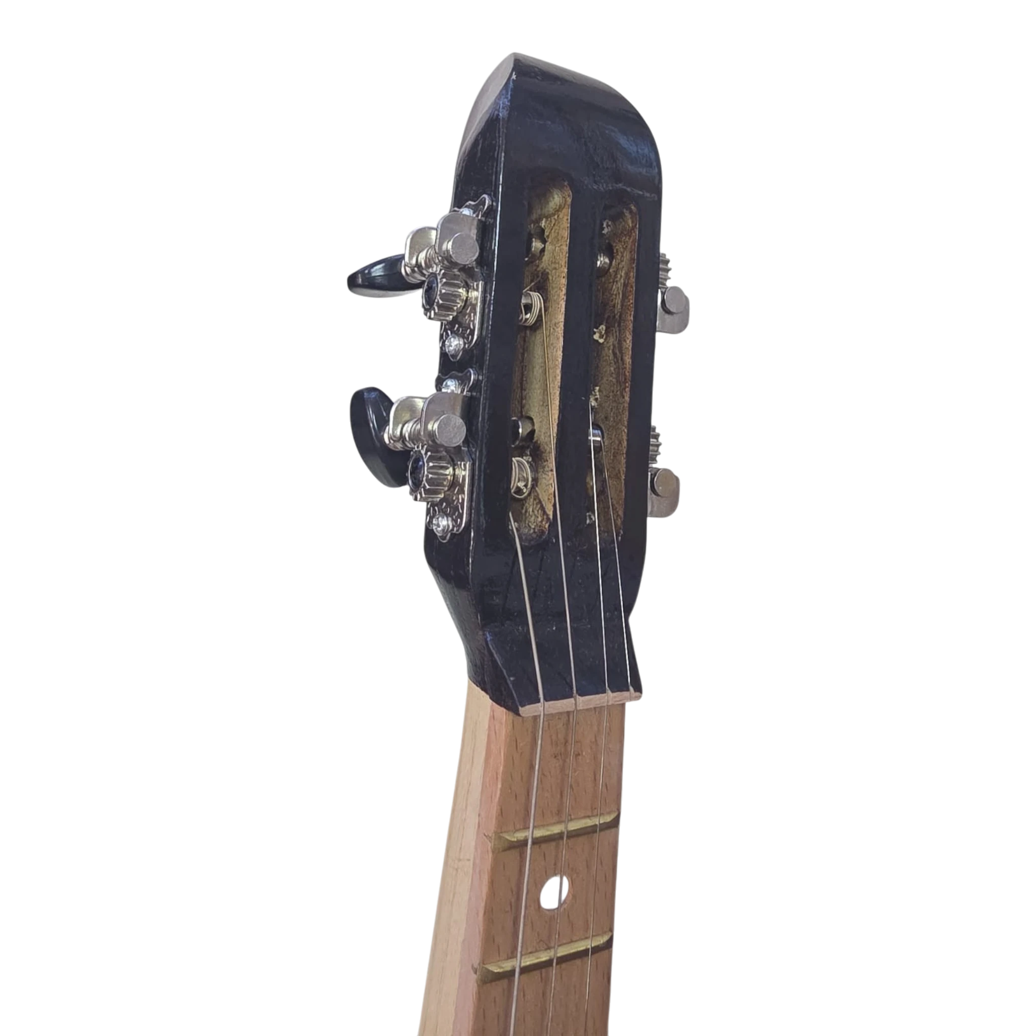 Asia Trade small Uzbek Rubab string instrument headstock with black finish and metal tuning pegs