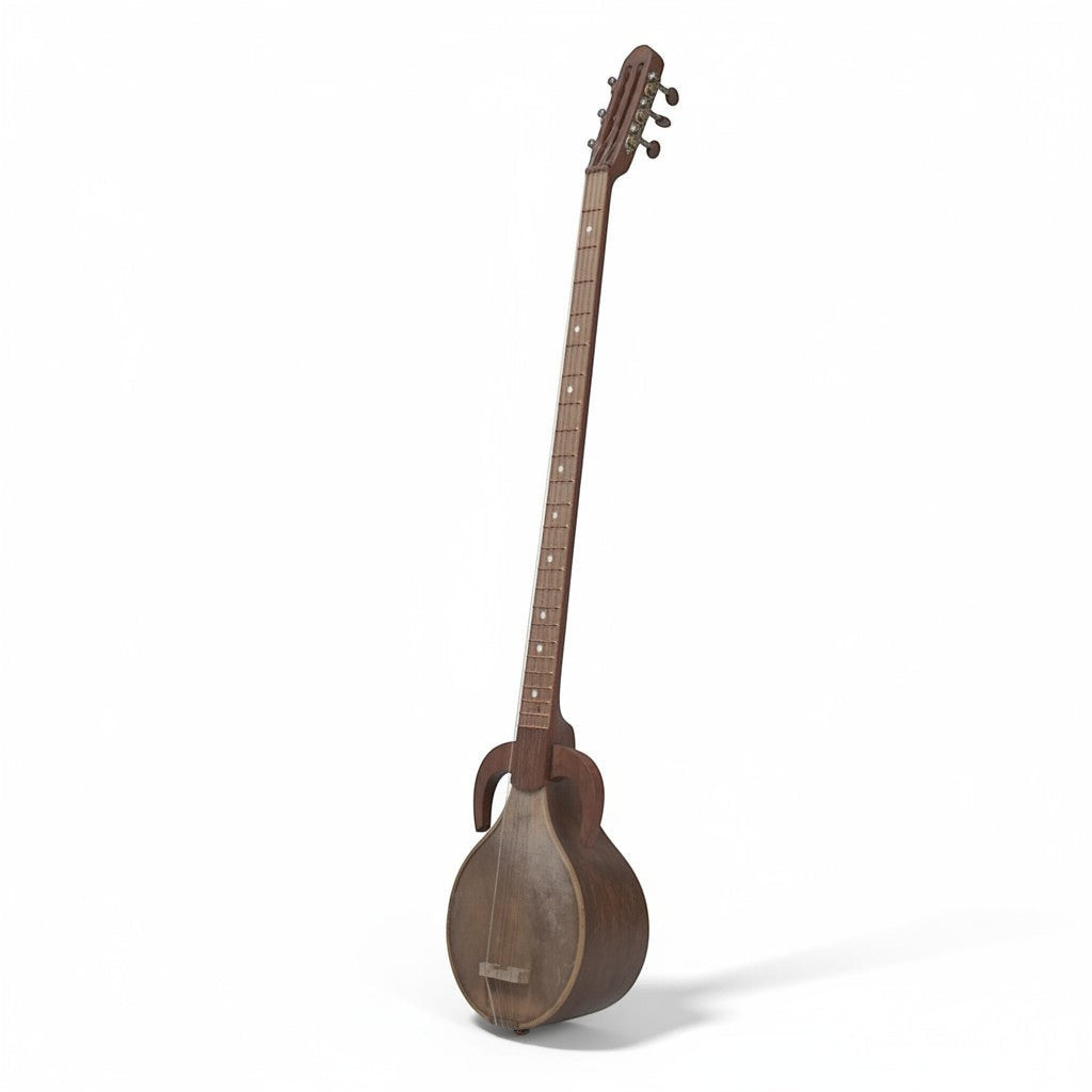 Asia Trade traditional Uzbek rubab string instrument with a wooden body and long neck on a white background