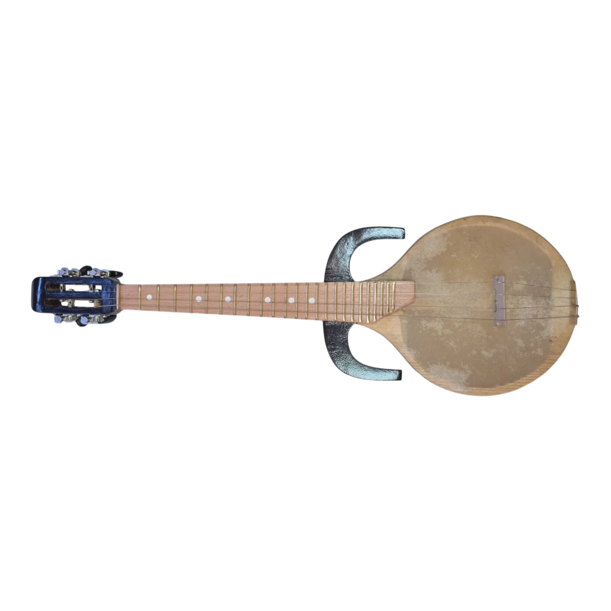 Asia Trade small Uzbek Rubab string instrument with a wooden body, skin soundboard, and blue headstock.