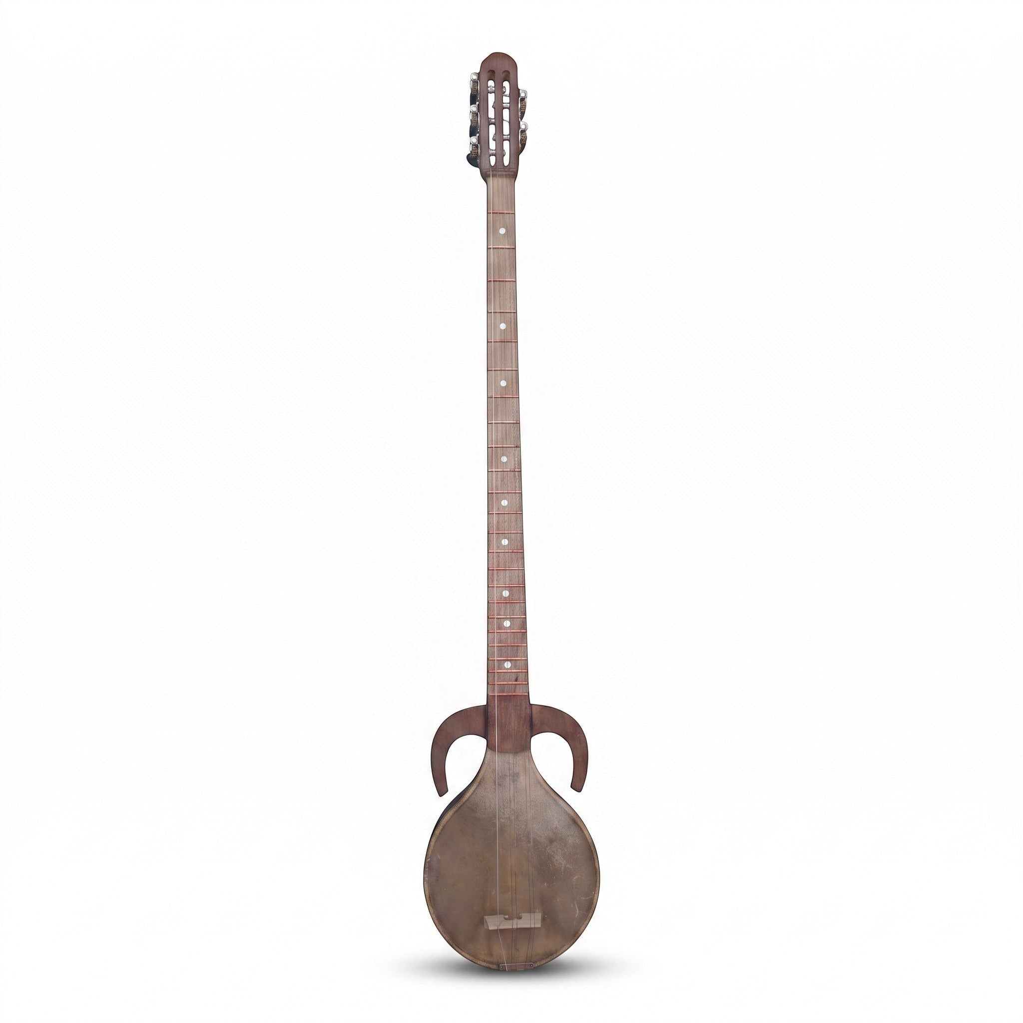 Asia Trade traditional Uzbek rubab string instrument with a wooden body and long neck on a white background
