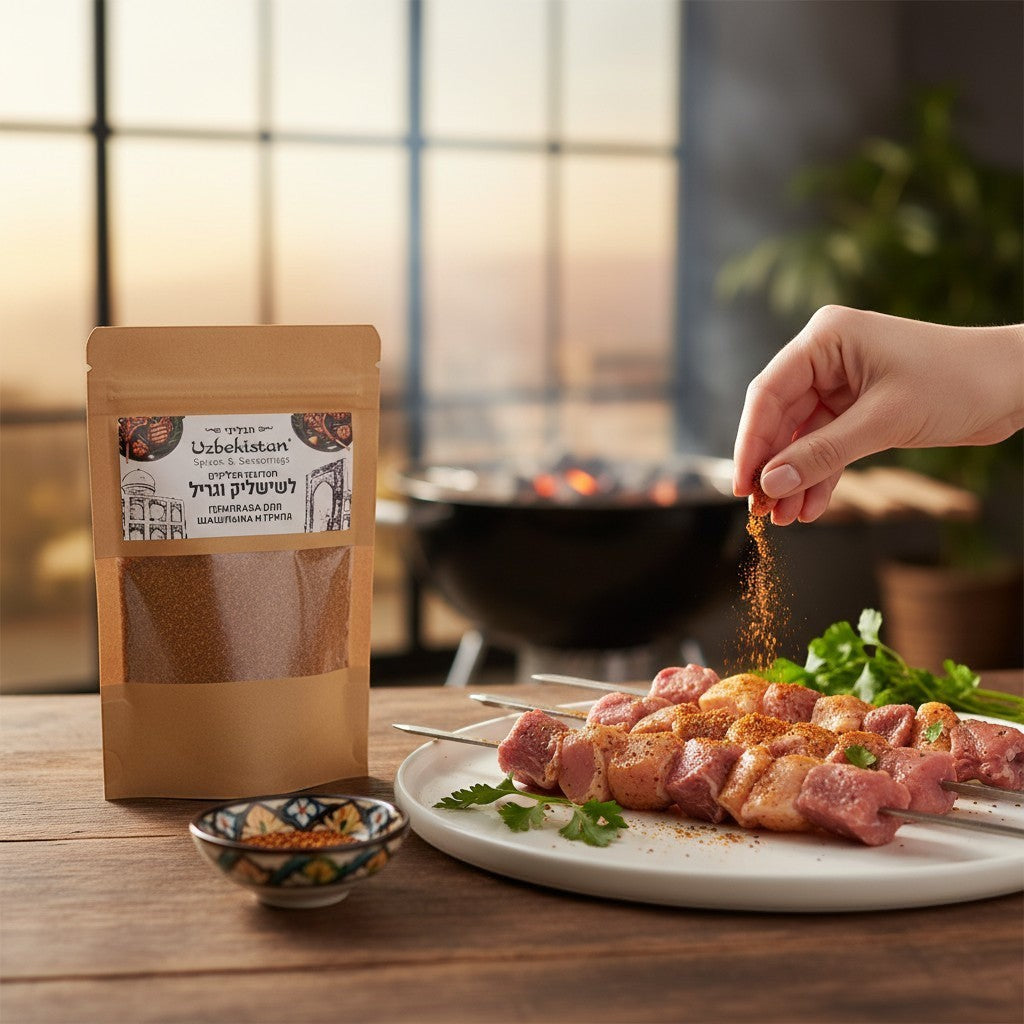 Asia Trade Uzbekistan shashlik and grill spice blend in a 50g pouch, being sprinkled over raw meat skewers.