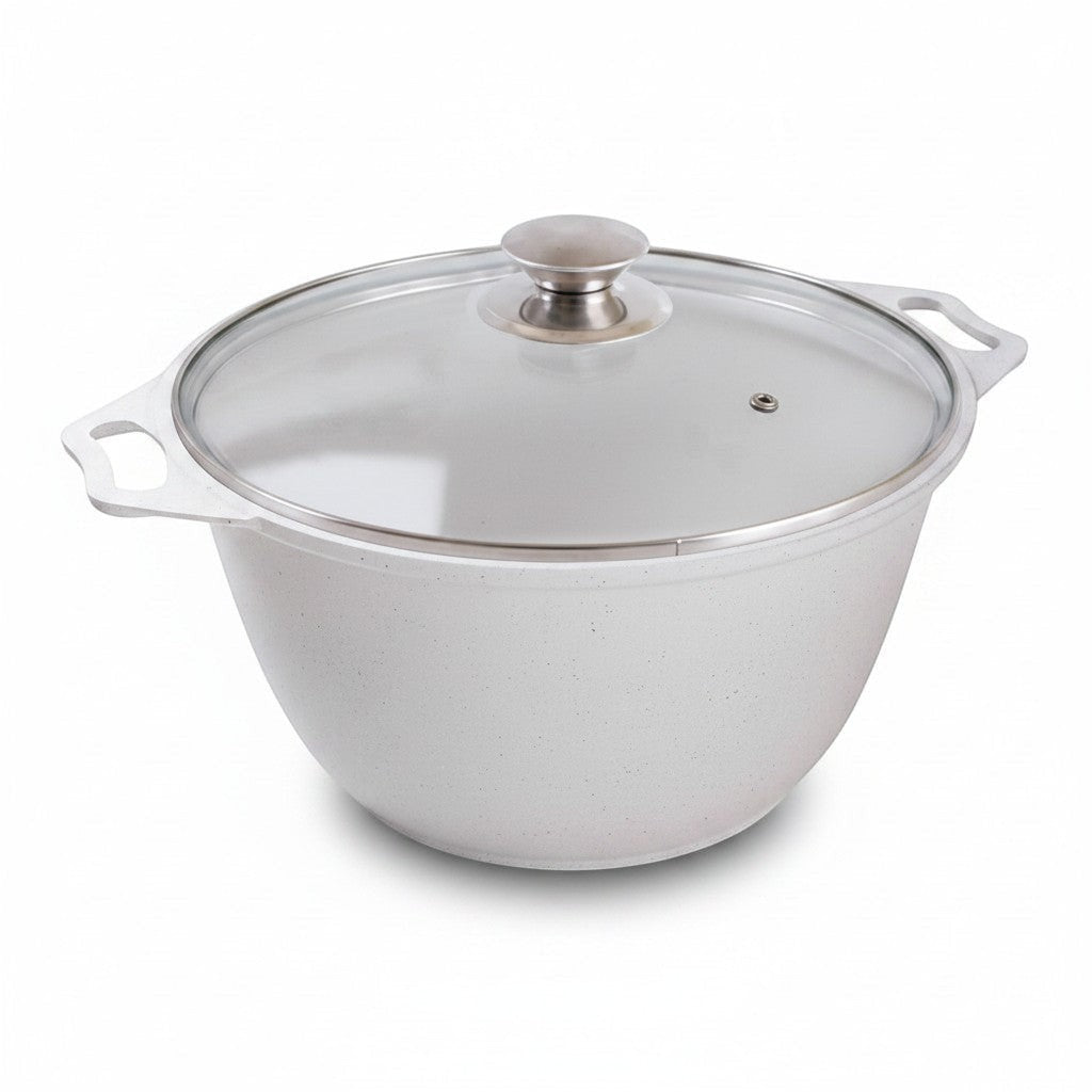 Asia Trade 3-liter white cast aluminum pot with a marble-effect non-stick coating and a glass lid.