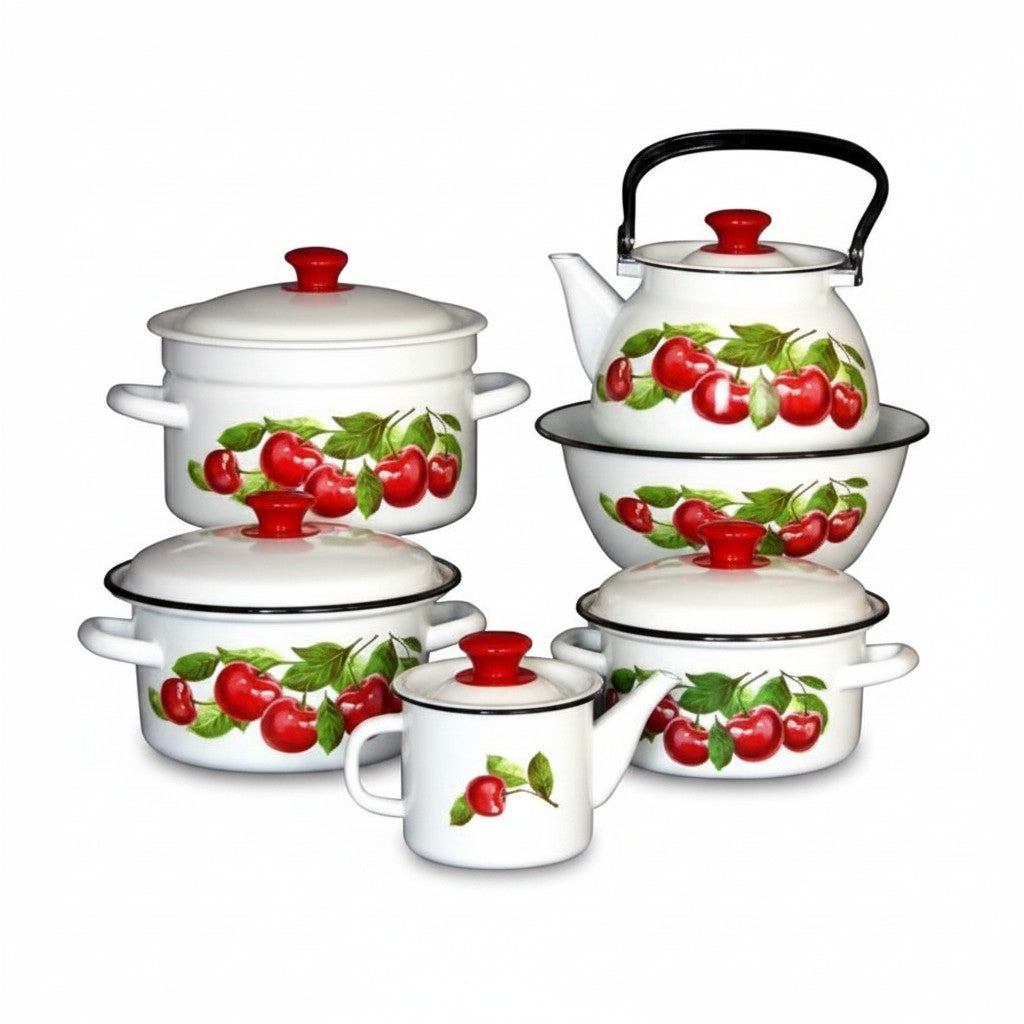 Asia Trade white enamel cookware set featuring a red cherry pattern, including pots, kettles, and a mixing bowl.