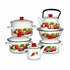 Asia Trade white enamel cookware set featuring a red cherry pattern, including pots, kettles, and a mixing bowl.