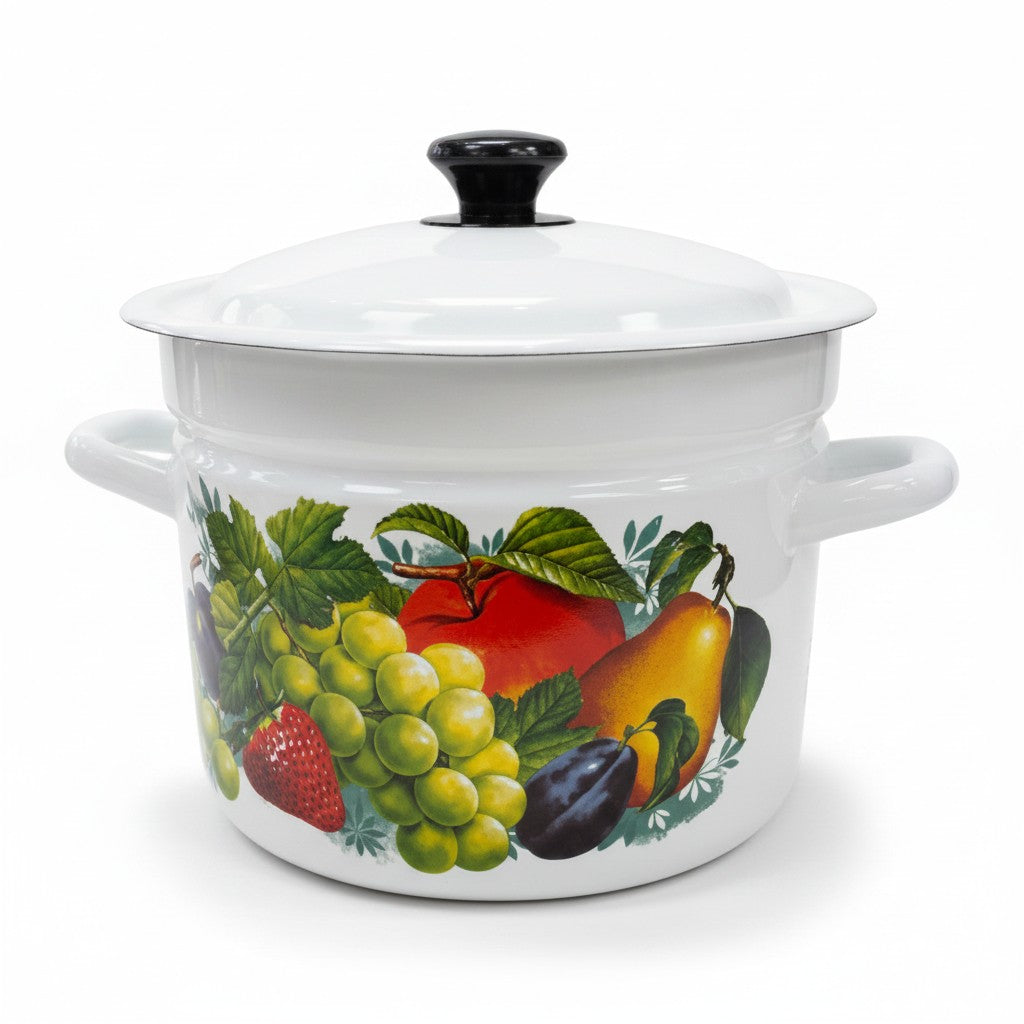 Asia Trade 6-liter white enamel pot with lid, featuring a decorative colorful fruit pattern, suitable for induction.