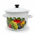 Asia Trade 6-liter white enamel pot with lid, featuring a decorative colorful fruit pattern, suitable for induction.