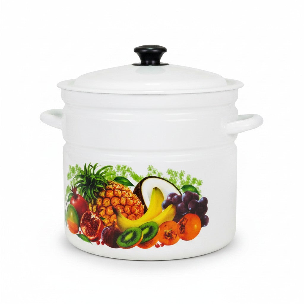 Asia Trade 12-liter white enamel stockpot with a colorful fruit pattern, lid, and side handles.