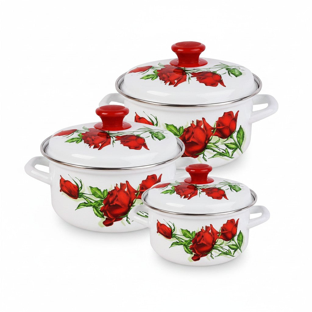 Asia Trade white enamel pot set with red rose floral pattern and red lids, including three sizes for all stovetops.