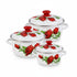 Asia Trade white enamel pot set with red rose floral pattern and red lids, including three sizes for all stovetops.