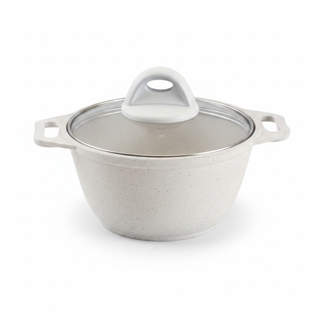Asia Trade 2-liter white marble-effect cast aluminum pot with glass lid and non-stick mineral coating