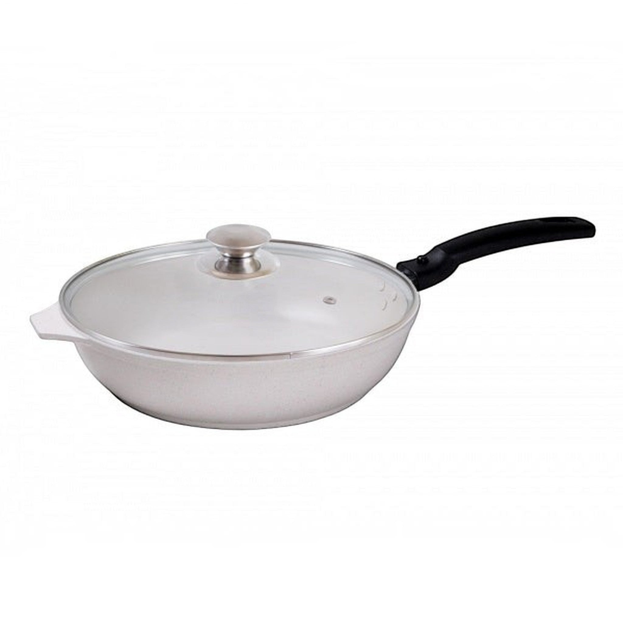 Asia Trade 24cm white non-stick cast aluminum frying pan with marble coating, glass lid, and detachable handle.