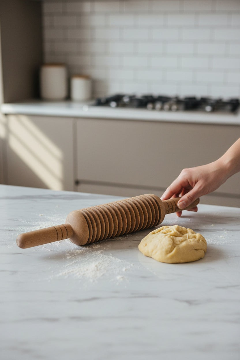 Asia Trade traditional wooden pasta rolling pin with grooved design for dough, held by hand on a marble kitchen counter