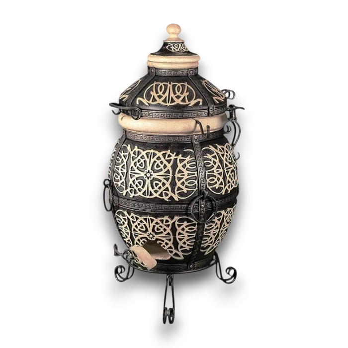 Asia Trade Zafir 110L clay tandoor oven with intricate black and beige decorative metalwork and stand