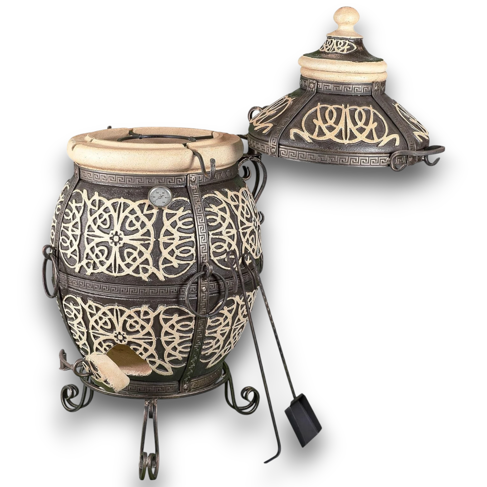 Asia Trade Zafir 110L clay tandoor oven with intricate embossed patterns, metal stand, lid, and grilling accessories.